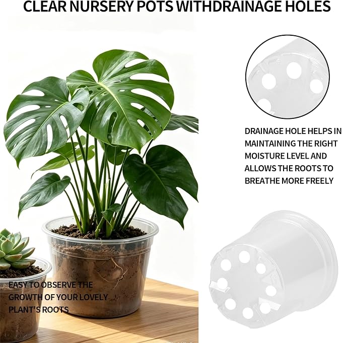 24 Pcs Large Size Clear Nursery Pots for Plants 4/6/8/9.5 Inch for Seedlings, Succulents, Flowers, Herb, Vegetables, Plastic Pots with Drainage Holes, Garden Pot