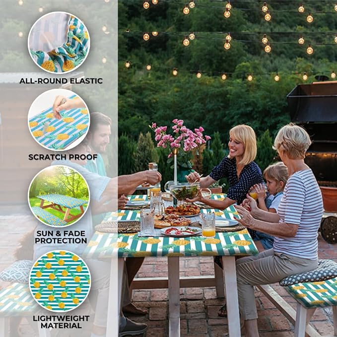 RNOONY 6ft Polyester Picnic Table Cover with Bench Covers Windproof & Waterproof Tablecloth, Perfect for Camping Gifts & RV Essentials, Cool Camping Gadgets, with Carrying Bag, 72x30 Inches, 4Pcs