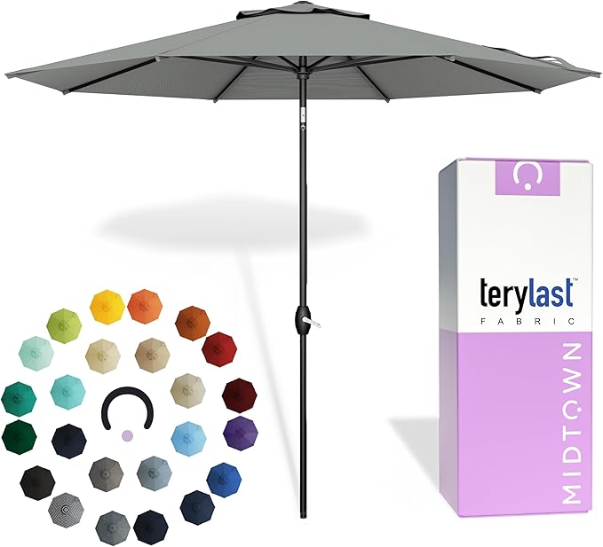 Midtown Umbrellas - 10-Year-No-Fade 10 Ft Patio Umbrella with Terylast Fabric, Auto-Tilt Aluminum Frame and 8 Reinforced Ribs for Deck, Pool, Garden & Beach - Matter Grey Canopy, Black Pole