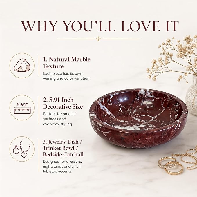 Purple Red Marble Decorative Bowl, 5.9 Inch | Natural Stone Bowl for Keys, Jewelry, Candle, Vanity, Dresser, Entryway and Coffee Table Decor
