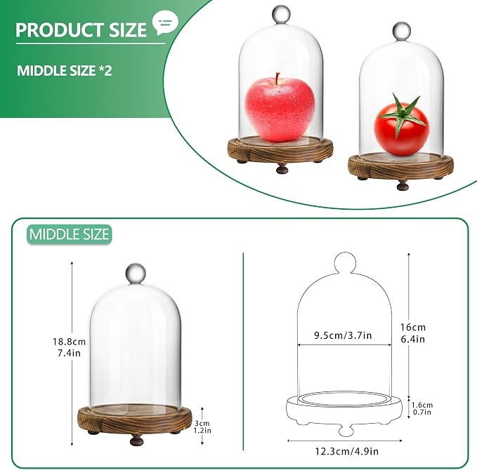 2 Pack Decorative Glass Cloche Bell Jars with Wooden Bases, 6.4" Tall Tabletop Accent Covers for Seasonal Centerpieces, Fairy Lights and Home Decor
