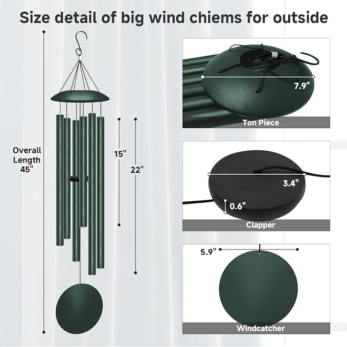 45" Large Wind Chimes for Outside, 6 Thick and Bold Aluminum Tubes Tuned Relaxing Melody Wind Chime Deep Tone, Big Wind Chimes for Garden Patio Decor, Great Gift Idea for Mother's Day (Forest)