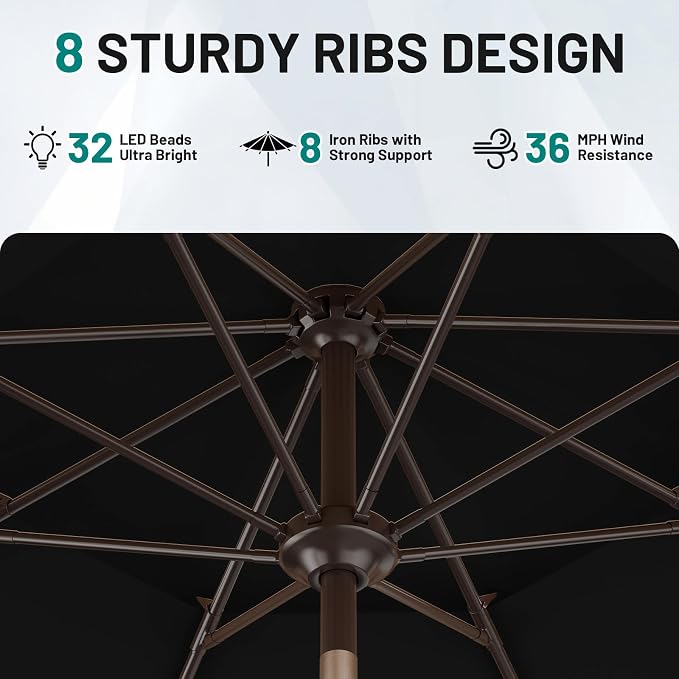 AreShark 9ft 2 Tiers Patio Umbrella with Solar Lights, Outdoor Umbrella w/ 32 LED Lights&8 Sturdy Ribs, Table Umbrella for Deck, Backyard, Pool(Black)