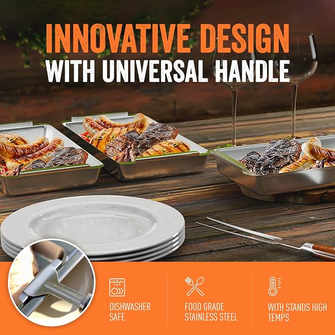 Yukon Glory BBQ 'N SERVE Grill Basket Set — 3 Commercial-Grade Stainless Steel Baskets, Clip-On Handle & Patented Grill-to-Table Design, RUST-PROOF, Dishwasher Safe, for Fish, Vegetables & Meat