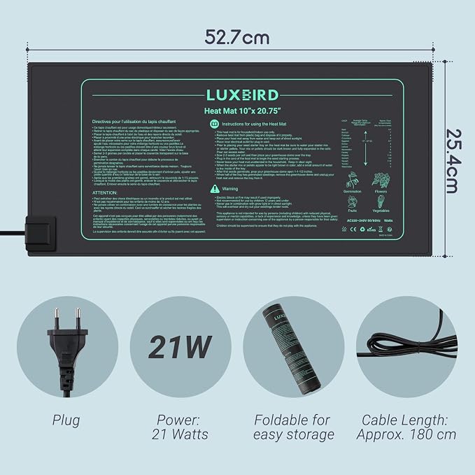 LUXBIRD Durable Waterproof Seedling Heating Mat 10”x 20.75” Warm Hydroponic Heating Pad for Indoor Plants Germination, IP67, MET Standard, LB-HM21W