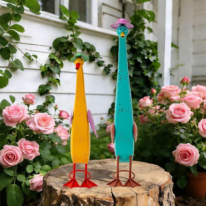 22" Duck Garden Statue Set of 2 Metal Ducks, Duck Outdoor Decor Animal Yard Art Sculptures for Patio Porch Lawn Backyard