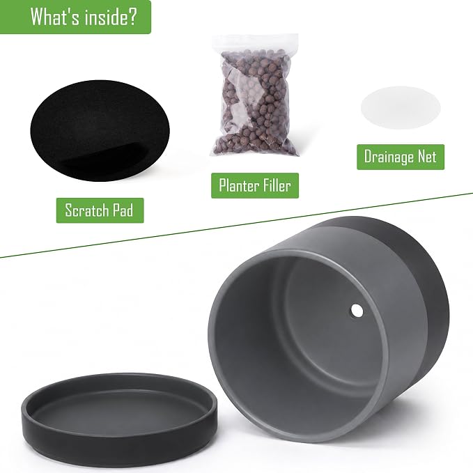 D'vine Dev 10 Inch Ceramic Planter Pot with Drainage Hole and Saucer, Indoor Cylinder Round Planter Pot, Slate, 94-O-E-5