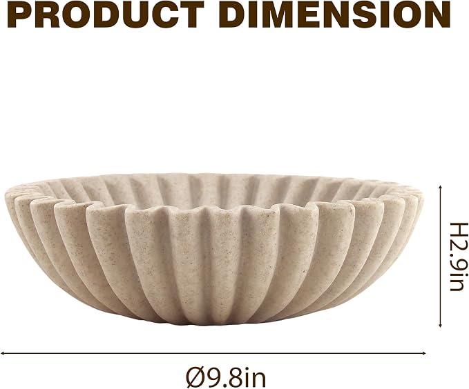 10'' Large Ruffle Decorative Fruit Bowl for Entryway Coffee Table Scalloped Purse Key Holder Kitchen Countertop Console Modern Organic Home Decor, Artificial Stone Beige