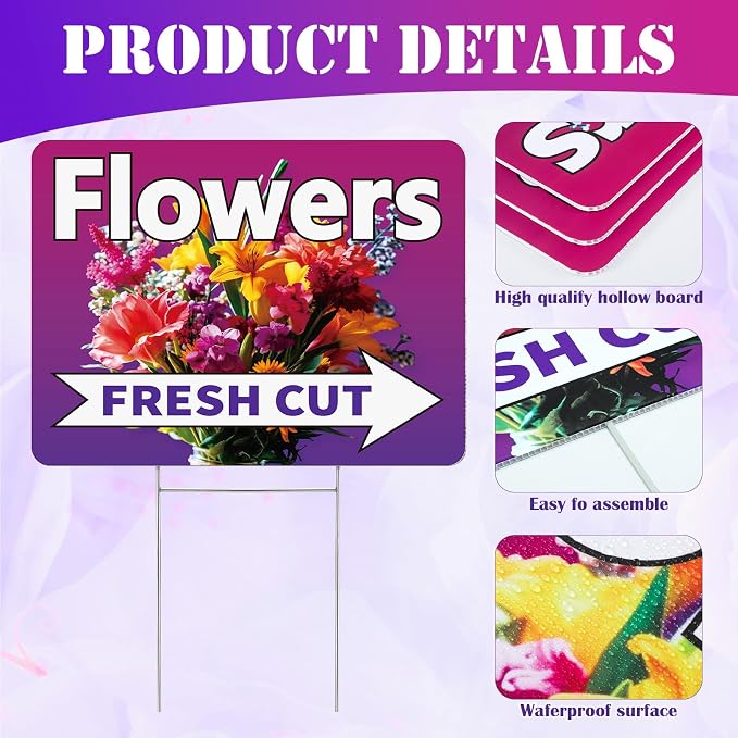 Pinkunn 3 Pack 16 x 12 Inch Fresh Cut Flower Yard Signs with Stakes Double Sided Weatherproof Garden Signs for Shops, Markets Events