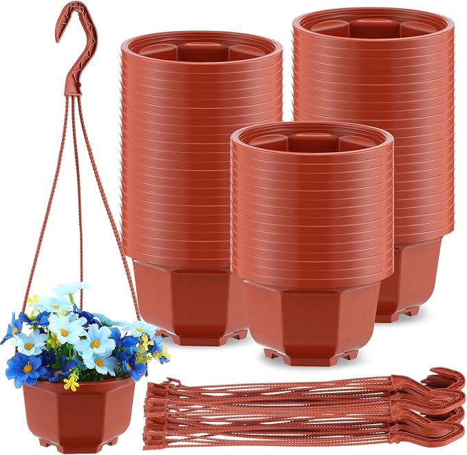 Roshtia 50 Pcs 5.1 inch Plastic Hanging Plant Pots with Hooks Flower Pots Baskets Outdoor Hanging Nursery Planter Holder for Home Garden Balcony Porch(Brown, 5.1 inch)
