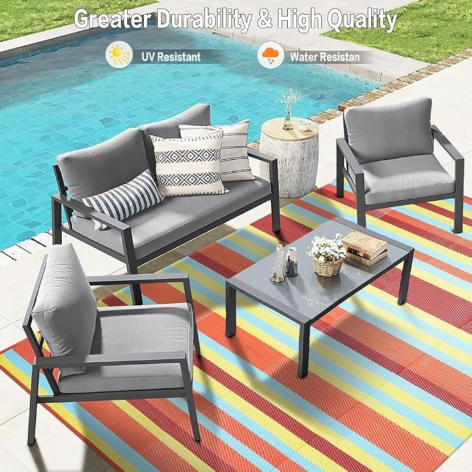 HUGEAR Outdoor Waterproof Rug 9'x12' Plastic Straw Rugs Washable Reversible Floor Mat Rainbow Stripe Carpet for Camping RV Deck Entryance Porch Picnic Balcony Beach Backyard