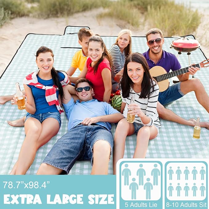 80" x 100" Extra Large Picnic Blankets Beach Mat Sandproof Waterproof Foldable Oxford Blanket Beach Mat Picnic Stuff for Family Camping Hiking Party Park Grass (Green and White,Plaid)