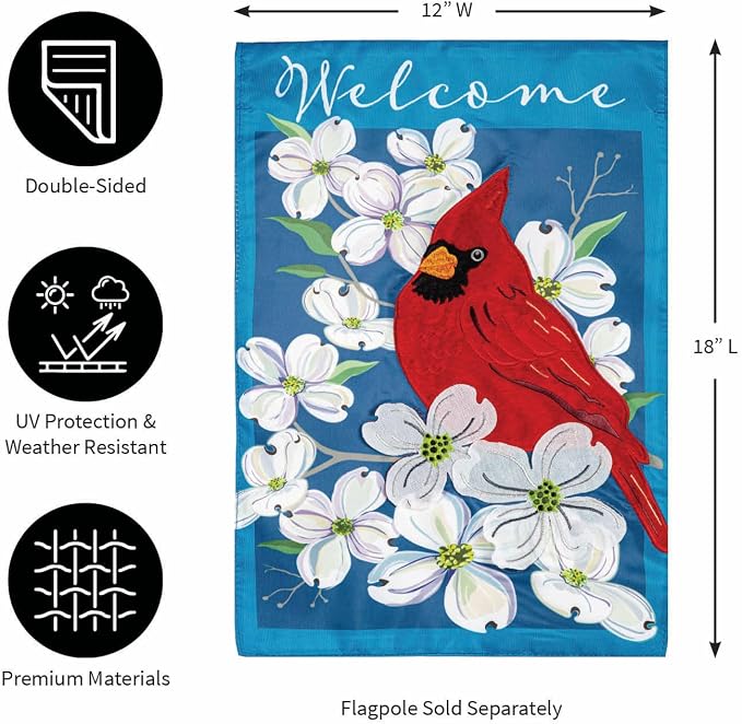Evergreen Flag Spring Dogwood Cardinal Applique Garden 12x18 double sided | Small Garden Flags For Outside | Welcome Spring Flag Décor for Yards and Gardens
