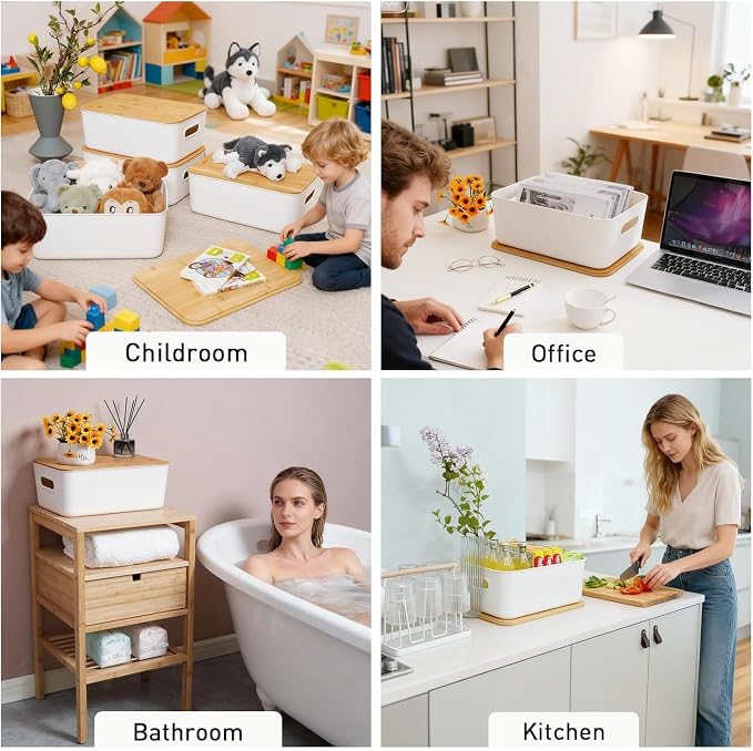 Citylife Storage Bins with Bamboo Lids 16QT Plastic Storage Containers Stackable Organizer Boxes with Handle for Desk Snacks, Toys, 4 PCS, 15" L x 10.6" W x 5.8" H