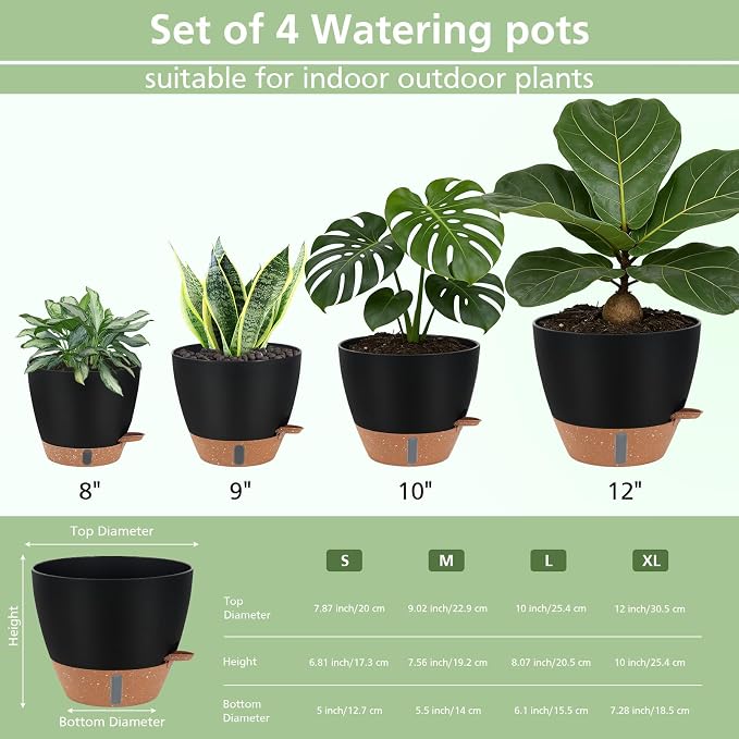 Self Watering Pots with Water Level Indicator, 12" 10" 9" 8" Large Plastic Flower Pots with Mesh Drainage Hole and Removable Saucer Reservoir for Indoor Outdoor Plants 4pcs （Black