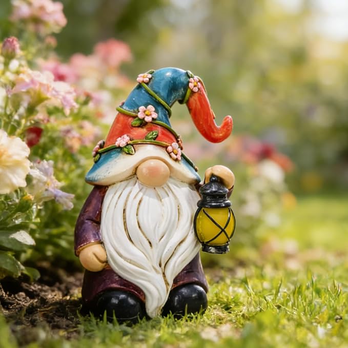 Suyorpe Garden Gnomes Statues with Solar LED Light - Mini 4.9 inch Gnome Sculptures for Porch Balcony Patio Yard Lawn Balcony Home Decor Mother's Day Birthday Gifts for Women