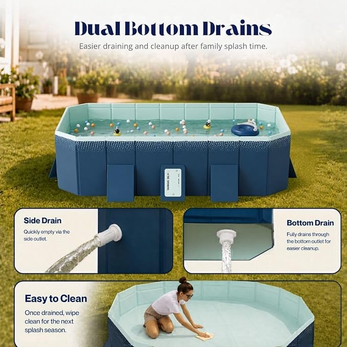112.59-Inch Foldable Swimming Pool, Blue Non-Inflatable Rectangular Pool for 6-8 People, 4-Layer Composite PVC, Aluminum Alloy Frame, Dual Drains for Backyard Fun