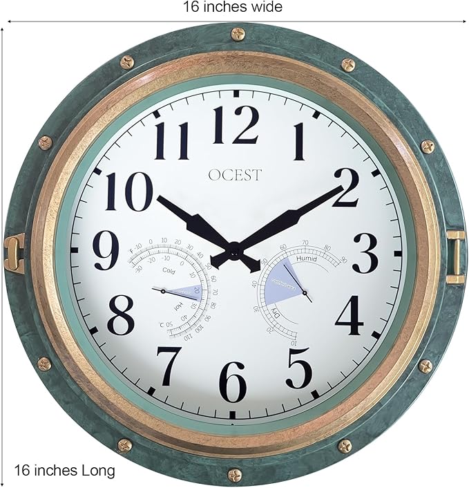 OCEST 16 Inch Indoor Outdoor Clock, Waterproof Wall Clock with Thermometer Hygrometer, Silent Non-Ticking Battery Operated Decor for Home Decor, Patio(Retro Green)