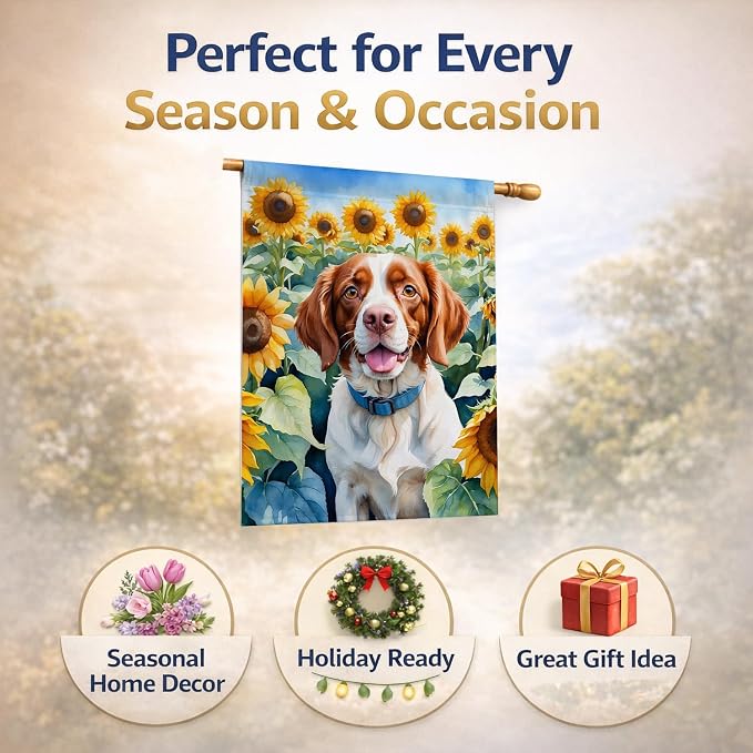 Caroline's Treasures DAC6040CHF Brittany Spaniel in Sunflowers House Flag Large Porch Sleeve Pole Decorative Outside Yard Banner Artwork Wall Hanging, Polyester, House Size, Multicolor