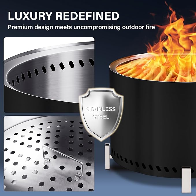 HGD 27.5" Smokeless Firepit with Stand & Grill Rack, Large Stainless Steel Wood Burning Fire Pit for Gatherings, Secondary Combustion Outdoor Patio Stove for Garden BBQ & Bonfire (Black)