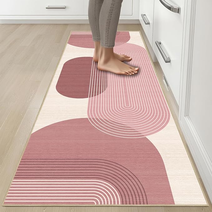 Boho Runner Rug 2x6 for Hallway Kitchen Bedroom,Bohemian Runner Rugs Washable Modern Geometric Rug Non-Slip Printed Low Pile Long Floor Carpet Mat for Bedroom Laundry,Pink