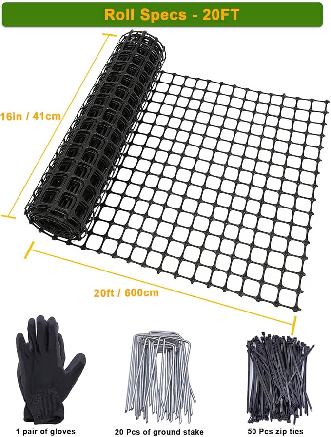 Plastic Chicken Wire Mesh Fence Roll - Black Multi-Use Garden & Poultry Netting, Animal Barrier for Pets, Plants, Patio,Balcony, Snow Fencing & Temporary Indoor and Outdoor Use (16IN * 20FT)