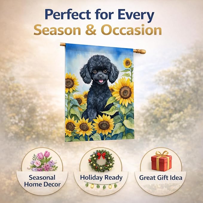 Caroline's Treasures DAC6137CHF Black Poodle in Sunflowers House Flag Large Porch Sleeve Pole Decorative Outside Yard Banner Artwork Wall Hanging, Polyester, House Size, Multicolor