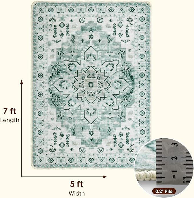LBRO2M Machine Washable Rug Soft Pet Friendly Carpet 5X7 Green | Persian Rug 5X7 for Living Room, Bedroom, Dining Room, Home Office, Non Slip Carpet, Foldable Stain Resistant Rugs