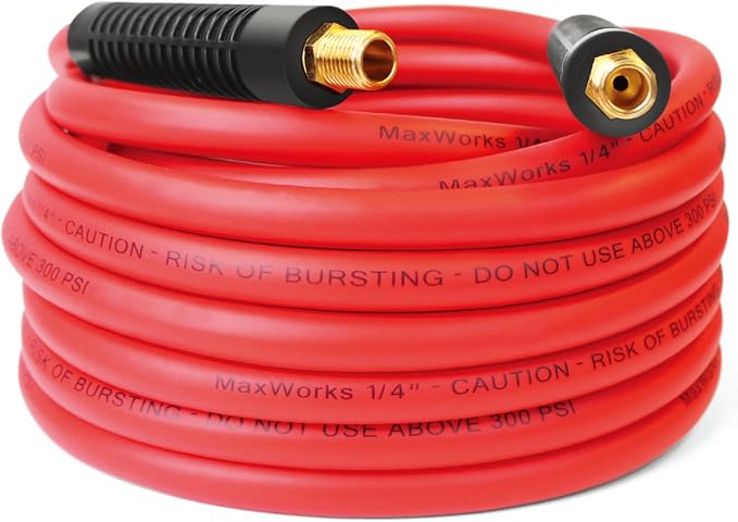 MaxWorks Hybrid Air Hose 1/4" x 50 Foot 300 PSI All Weather Flexible Polymer Kink Resistant Solid Brass Fittings Heavy Duty Performance for Home Garage and Shop (80785)