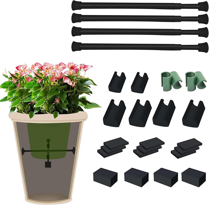 Adjustable Planter Inserts with Dual Telescopic Rods & Cross Connector, Upgraded Adjustable Plant Stand Insert with U-Shaped Clips, Heavy-Duty Plant Lifters for Inside Pots (4 Set, Black)