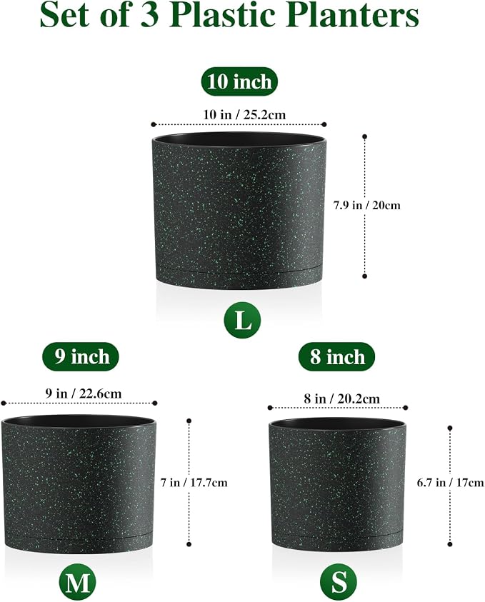 Plant Pots, 10/9/8 Inch 3 Pack Cylindrical Flower Pots with Drainage Holes and Saucers, Plastic Planters for Outdoor Indoor Plants, Black with Green Speckles