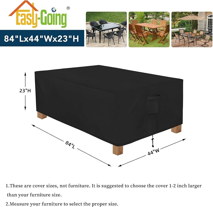Easy-Going Patio Furniture Cover Waterproof Outdoor Rectangular Table Cover with Seal Tape at Seams (84"L x 44"W x 23"H, Black)