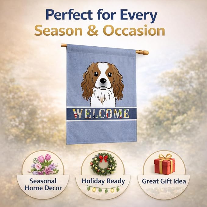 Caroline's Treasures BB1410CHF Cavalier Spaniel Welcome House Flag, Blue Large Porch Sleeve Pole Decorative Outside Yard Banner Artwork Wall Hanging, Polyester, House Size, Multicolor