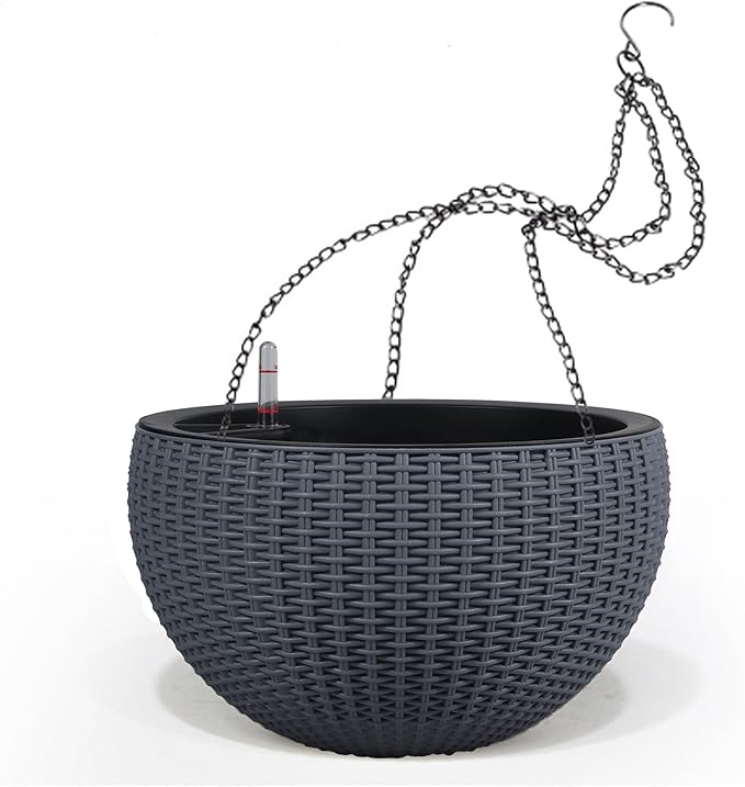 Dexceder 9 Inch Self Watering Hanging Planter (Gray) | Thickened Hanging Basket Flower Plant Pot with Water Level Indicator Indoor Outdoor