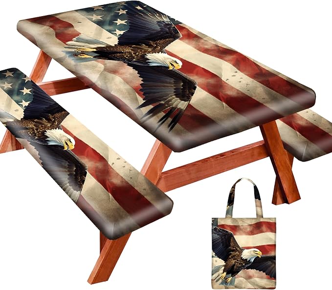 Park Picnic Table Cover with Bench Covers Lightweight Camping Essentials, Oil-Proof Waterproof 3PCS Tablecloth with Elastic, Fitted for Table 6FT Rectangle and Seats, American Flag Eagle (72x30in)