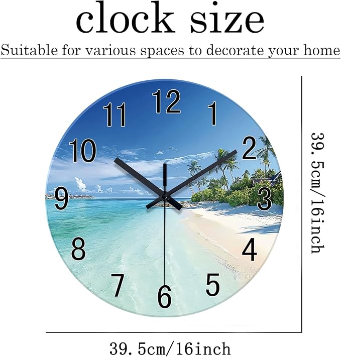 XFM Beach Coastal Wall Clock 16 Inch Blue Ocean Wall Clocks Battery Operated Tropical Seascape Glass Wall Clock for Living Room Bedroom Kitchen Decor