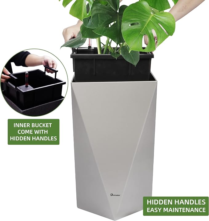 Dexceder 20 Inches Self Watering Tall Planter (Gray) | Diamond Metallic Matte, Thickened Rhombus Large Floor Standing Flower Plant Pot with Water Level Indicator Indoor Outdoor