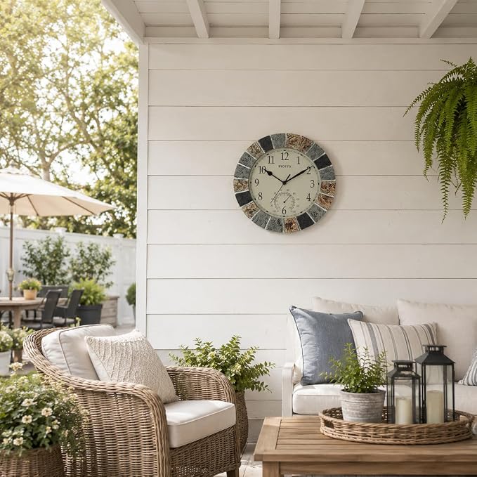 eYotto 10 Inch Small Outdoor Clock Waterproof with Thermometer,Weather-Resistant Non-Ticking Battery Operated Wall Clocks Weatherproof for Patio, Pool, Garden, Lanai, Fence, Porch, Deck