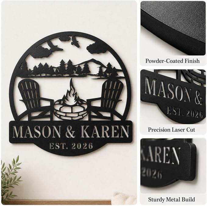 Personalized Campfire Metal Sign Custom Family Name Plaque, Mountain Cabin Wall Art for Backyard Fire Pit, Outdoor Camping Decor for RV Campsite and Nature Lovers