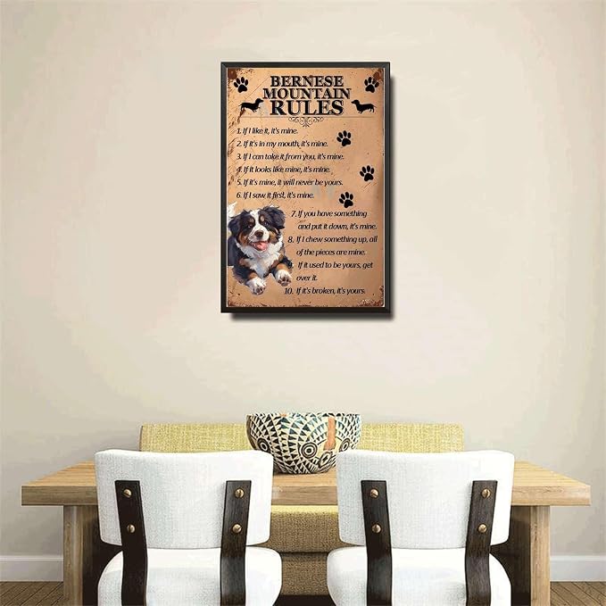 Metal Sign Tin Sign Vintage Wall Art Bernese Mountain Rules Tin Sign for Pub 12×16 Inches with Metal Frame
