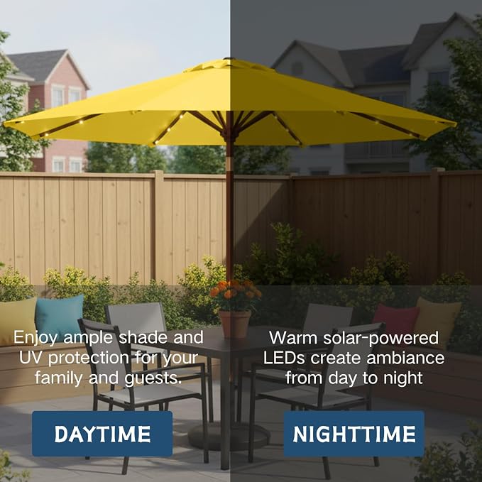 9' Solar LED Patio Umbrella with Tilt & Crank|8 Sturdy Ribs,UV Protection,Outdoor Market Table Umbrella for Deck,Lawn,Pool,Backyard(Yellow)