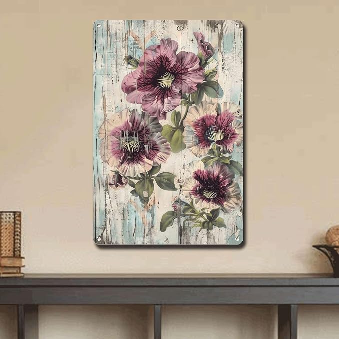 Metal Sign Tin Sign Vintage Wall Art Shabby Chic Petunias Tin Sign for Rustic Garden Art Vintage Flowers and Corrosion Resistant Alumi Decor Outdoor for Room 6×8 Inches