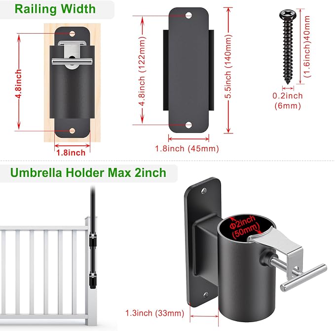 Heavy Duty Deck Railing Umbrella Holder, Patio Umbrella Stand for 1-2 Inch Poles, Space-Saving Design, Secure & Sturdy Flat Mount for Deck Railing, Balcony, Outdoor Courtyard, Fences, 2 Set