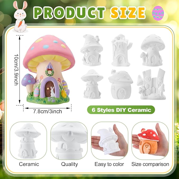 Acellegic 6 Pcs Ceramics Fairy House to Paint Ready to Paint Your Own Fairy Garden Mushroom Statue DIY White Ceramic Mushroom Houses for Yard Decor Summer Spring Painting Art