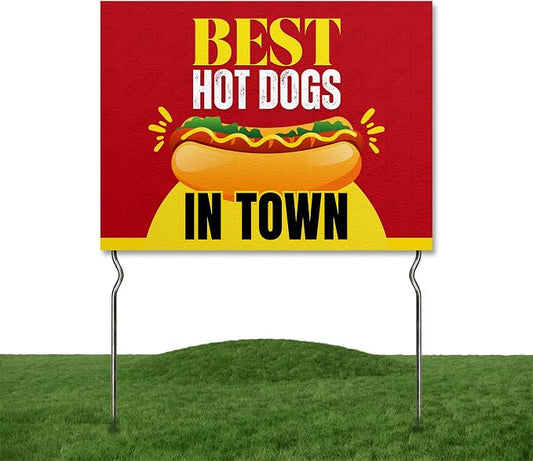 Besst Hot Dogs in Town - Stop In! Yard Sign by DC | 24"x18" Double Sided Conv. Store Garden Sign with 13” Metal Stakes | Outdoor Signs Waterproof for Lawn, Patio, Sidewalk & House | Set of 5