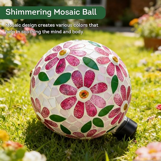 Lily's Home Colorful Mosaic Glass Gazing Ball, Durable Outdoor Reflective Globe - Enhances Yard, Patio, Home Ambiance for Garden Lovers, Vibrant Glass Flower Pattern (10" Diameter)