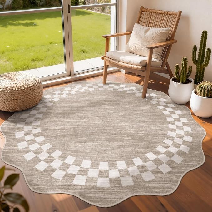GarveeHome 6ft Scalloped Washable Round Rug for Living Room Bedroom | Modern Border Area Rug