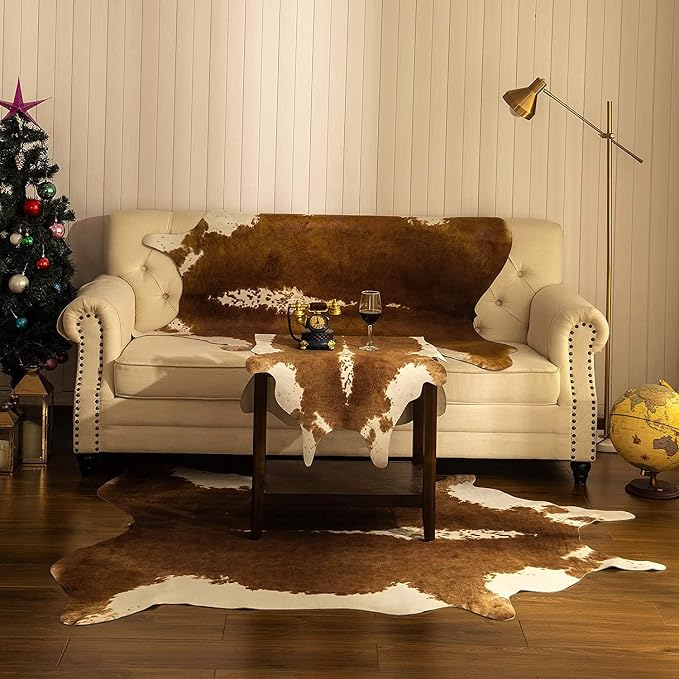 BENRON Small Faux Cowhide Rug, Cow Print Rug for Kitchen Hallyway 2.9X 3.9 | Western cow hide rug for Home Decor, Washable Rugs with Irregular Animal Skins and Hides, Non Slip, Khaki Brown