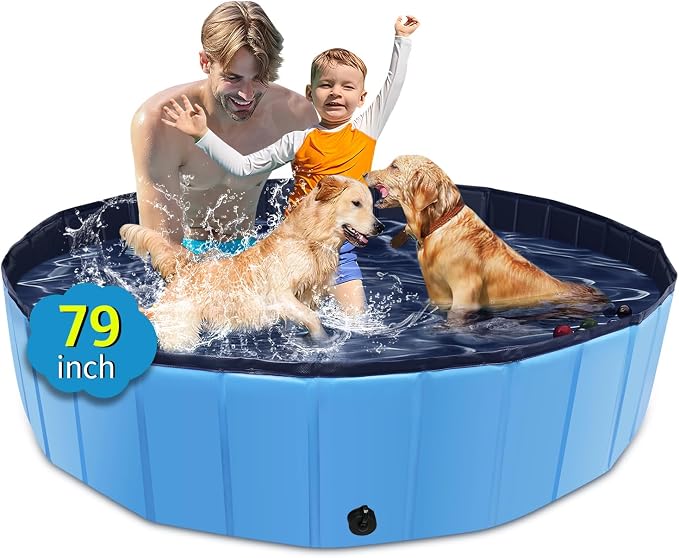 CACSPS Foldable Dog Pool, 79" x 14" Large Kiddie Pool with Hard Plastic, Non-Slip Dog Bath Tub for Outdoor Backyard, Collapsible Dog Swimming Pool for Kids Dogs Pets (Blue)