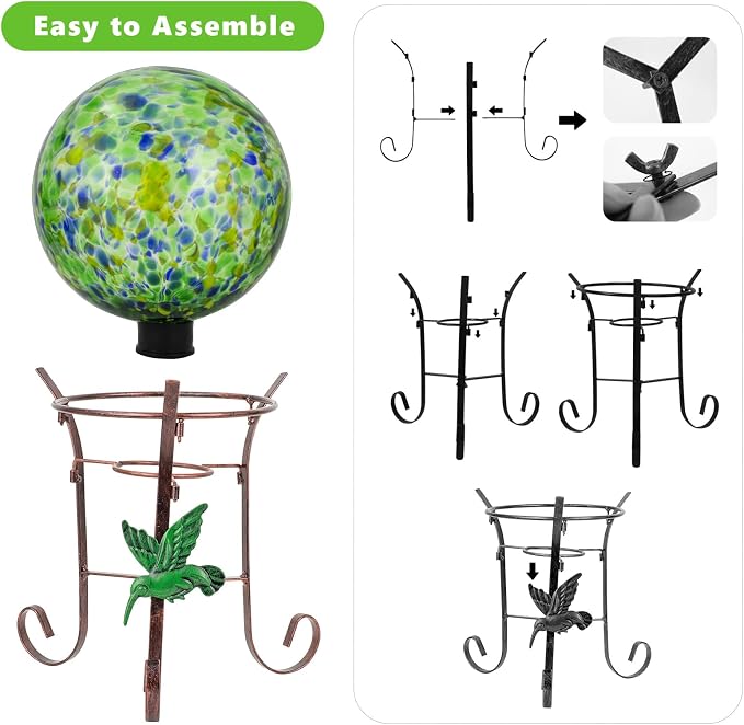10 Inch Glass Gazing Ball with 9.4" H Metal Stand | Glass Gazing Globe Display Holder Set for Outdoor Garden Lawn Yard Decoration, Bright Summer Burst